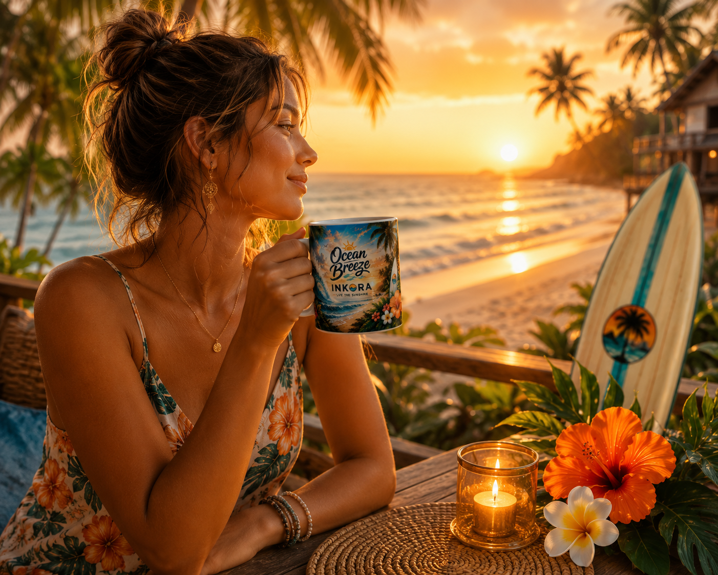 Femme Main tenant le mug Ocean Breeze INKORA dans une ambiance tropicale face à l'océan.