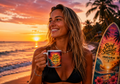 Photo lifestyle d'une femme savourant un café avec le mug Surf the Sunset INKORA sur une plage tropicale. Une scène chaleureuse mettant en valeur le design exclusif du mug dans une ambiance surf, vacances et coucher de soleil.