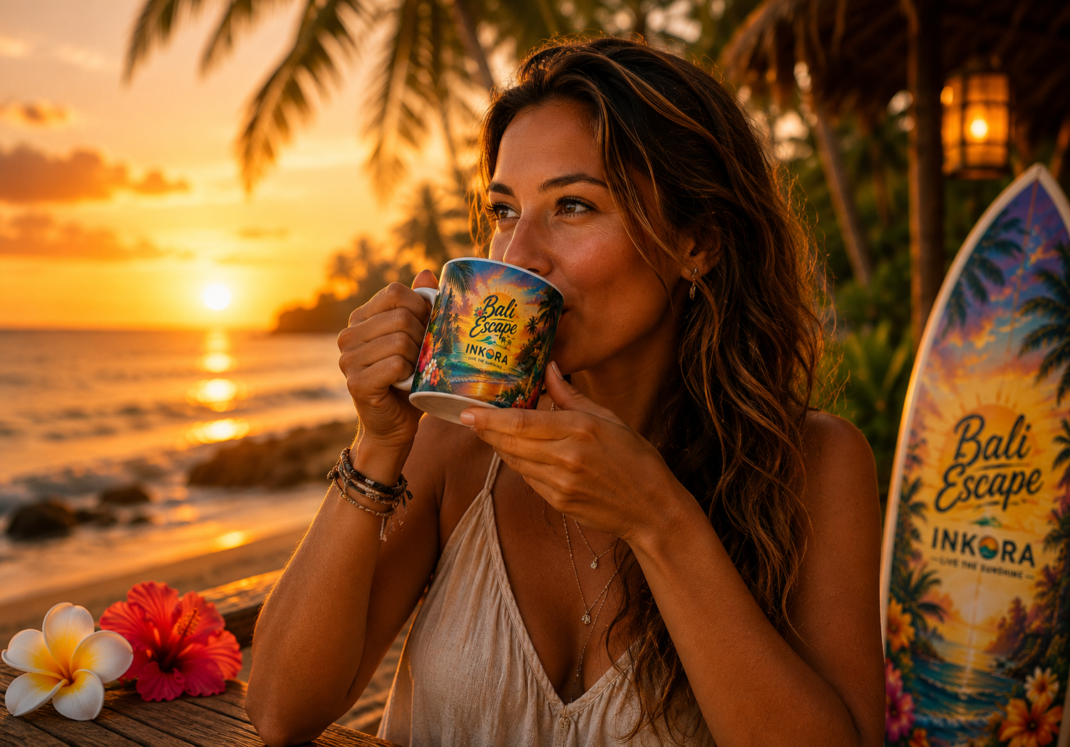 Femme profitant d'un café avec le mug Bali Escape INKORA sur une terrasse tropicale face au coucher du soleil à Bali.