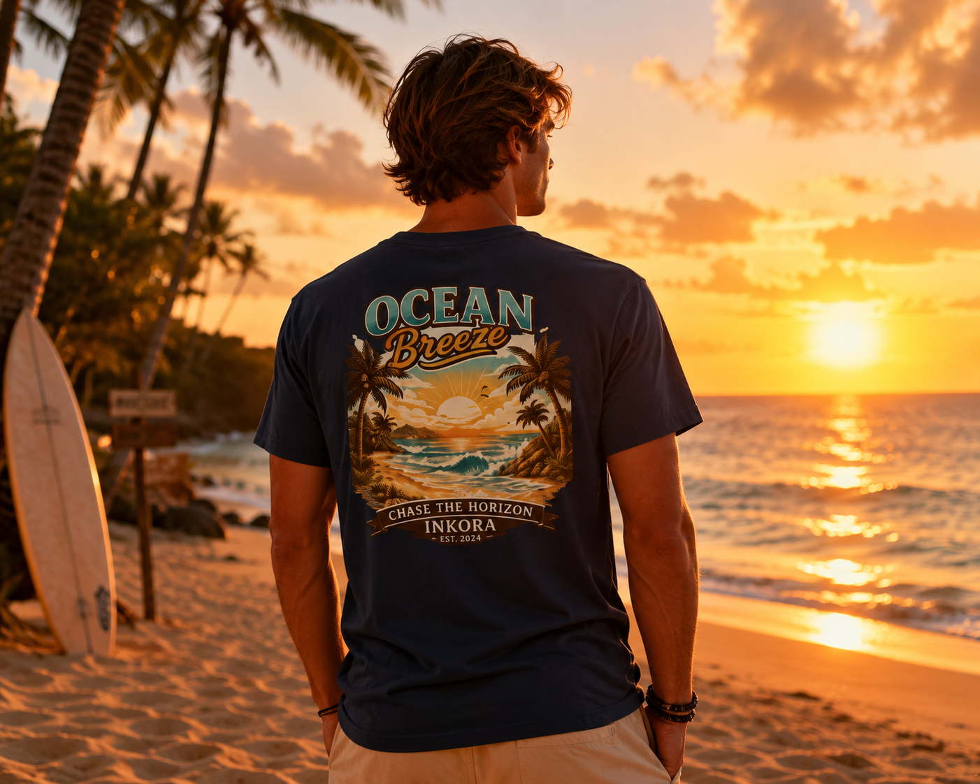 Homme portant le t-shirt INKORA Ocean Breeze sur une plage au coucher du soleil.