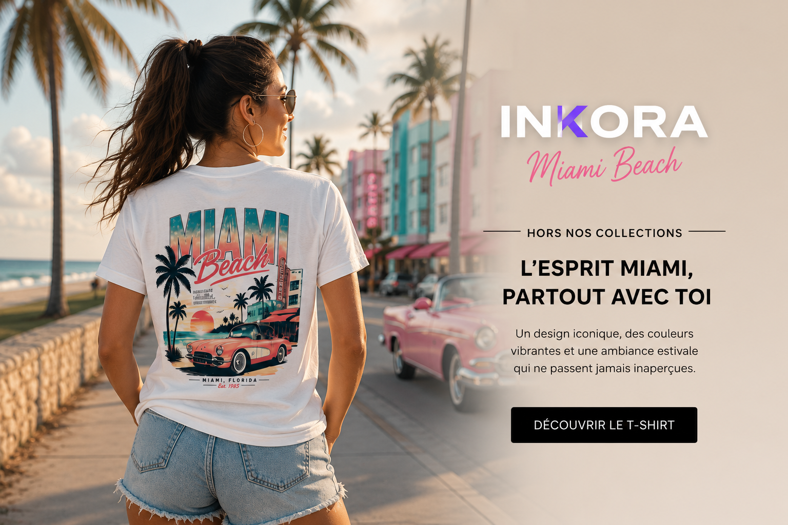 T-shirt Miami Beach porté au bord de la mer sous le soleil.