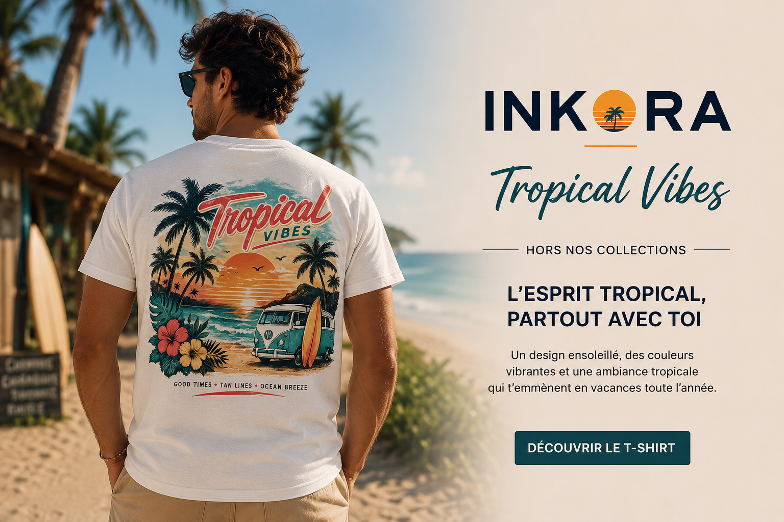 Homme portant le t-shirt blanc INKORA Tropical Vibes style beachwear