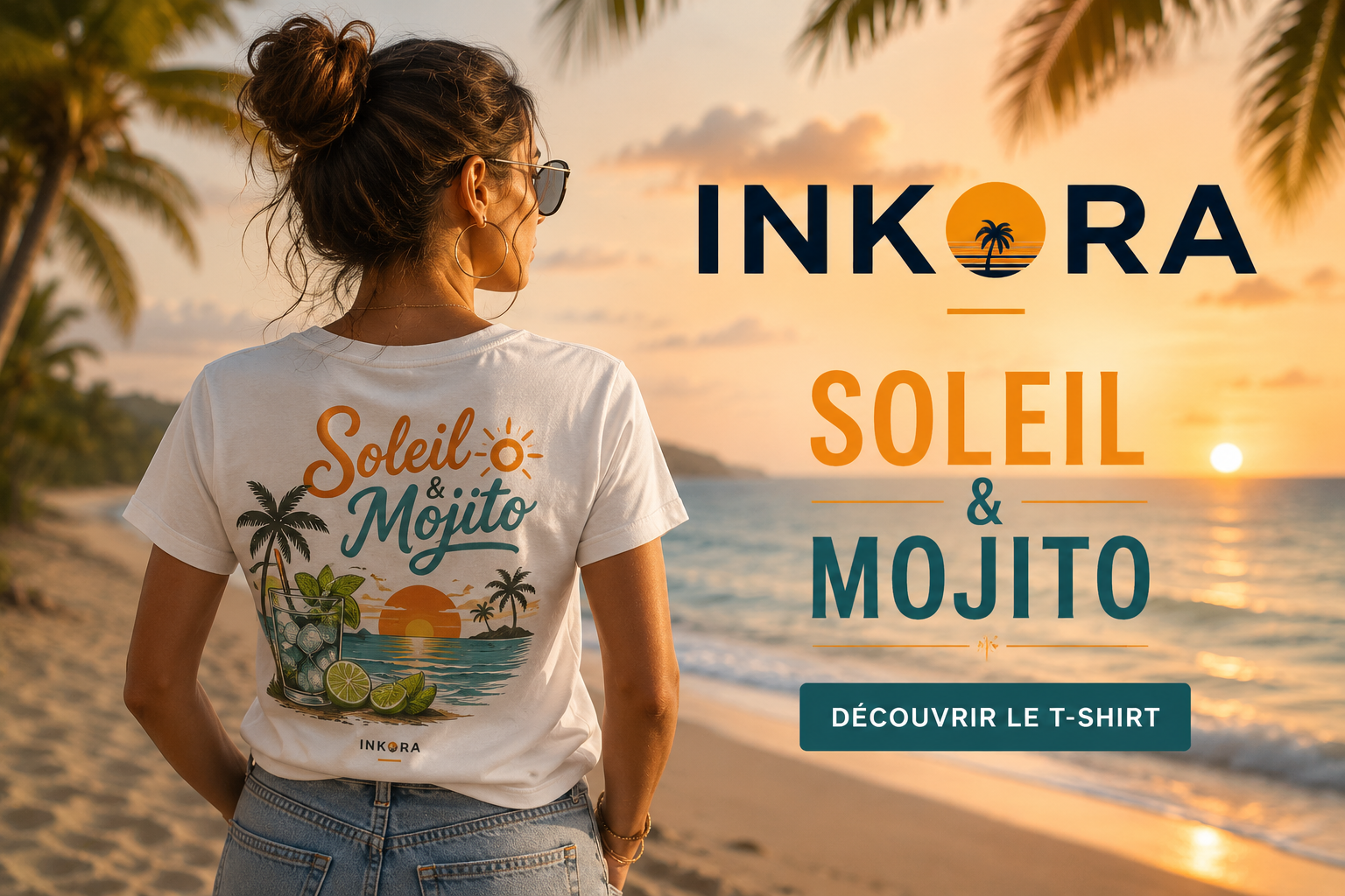Personne portant le t-shirt Soleil & Mojito dans une ambiance estivale.