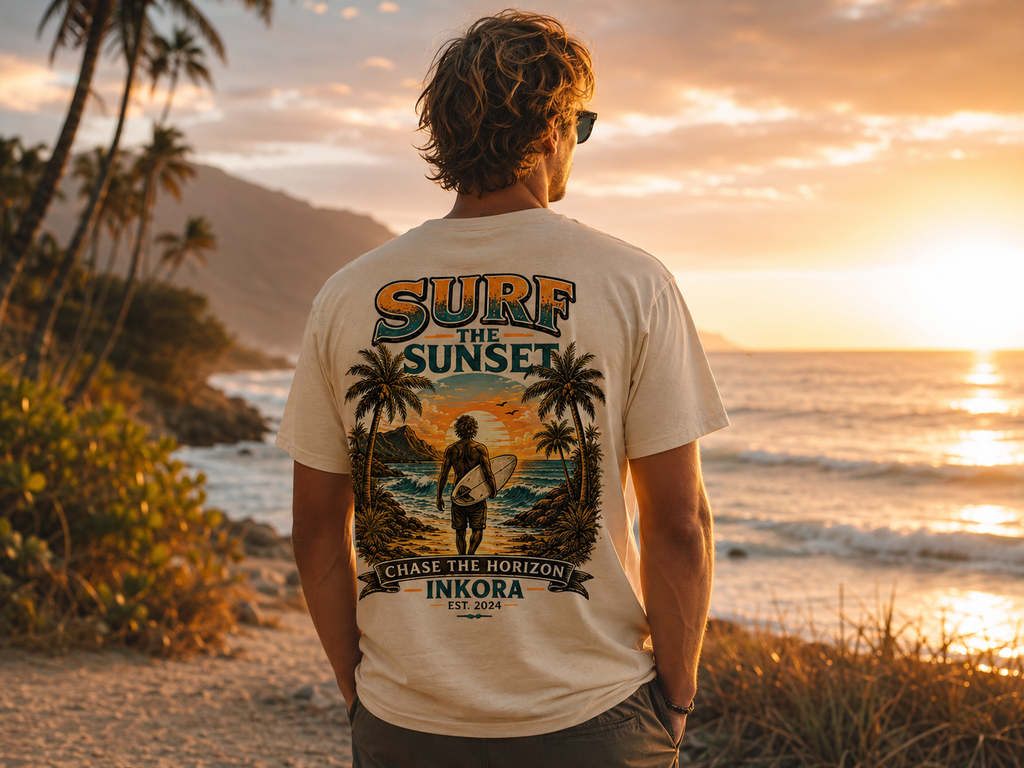 Homme portant le t-shirt Surf the Sunset INKORA sur une plage au coucher du soleil, collection surf lifestyle.