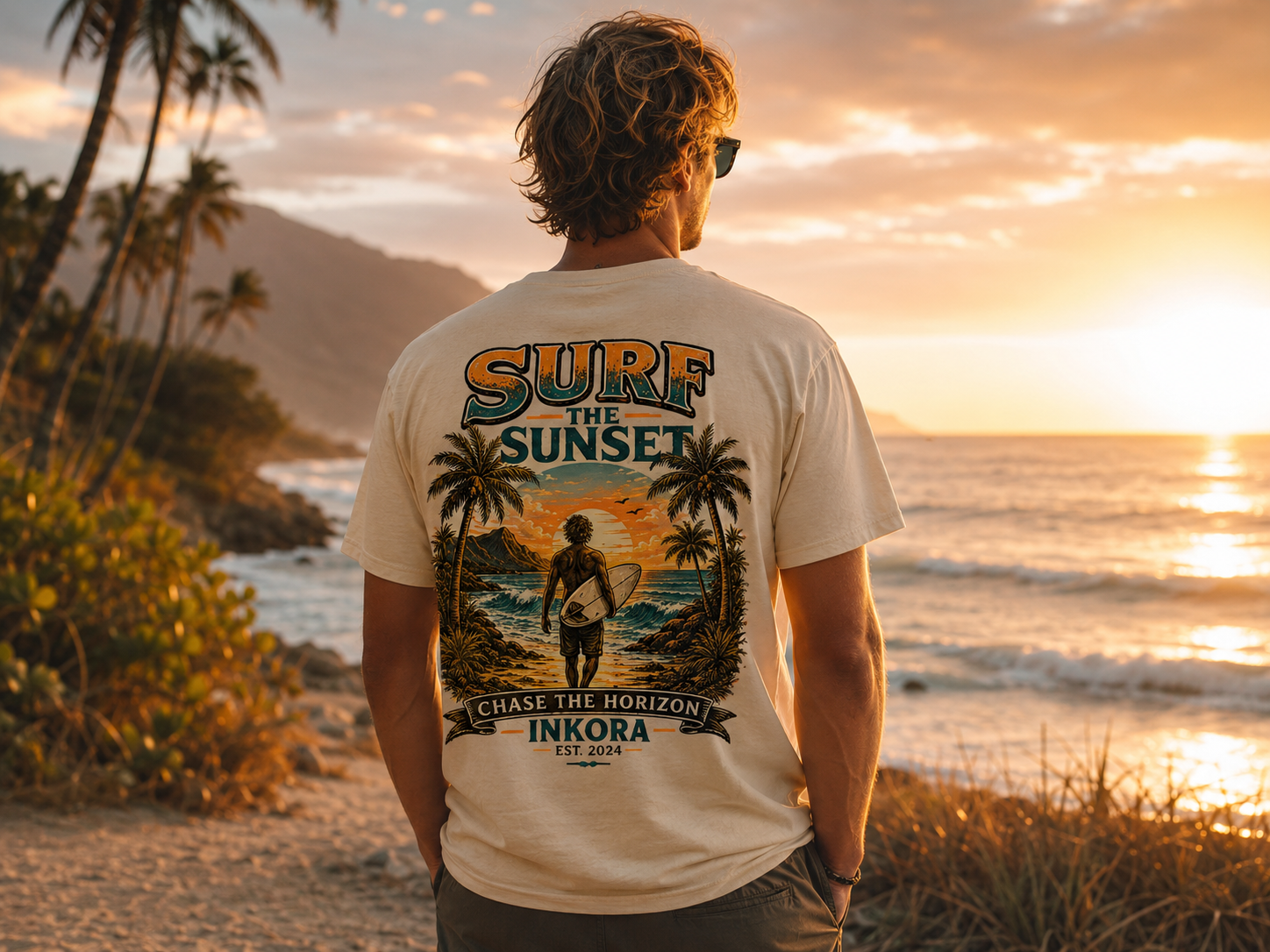 Homme portant le t-shirt Surf the Sunset INKORA sur une plage au coucher du soleil, collection surf lifestyle.