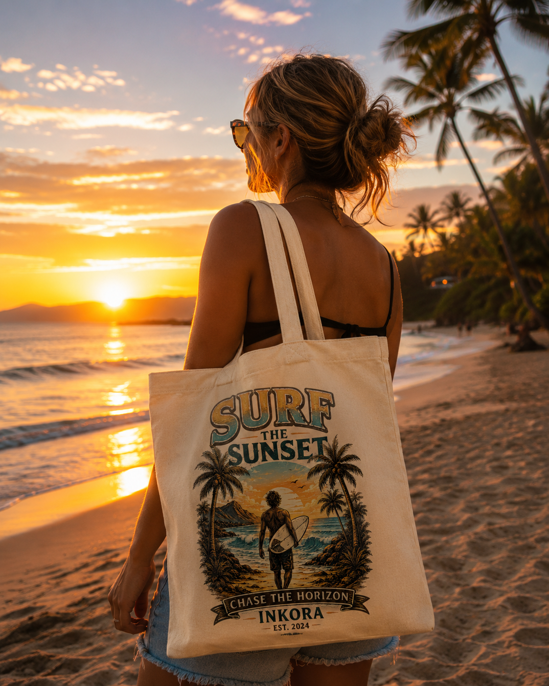 Femme portant le Tote Bag Surf the Sunset INKORA sur une plage au coucher du soleil.