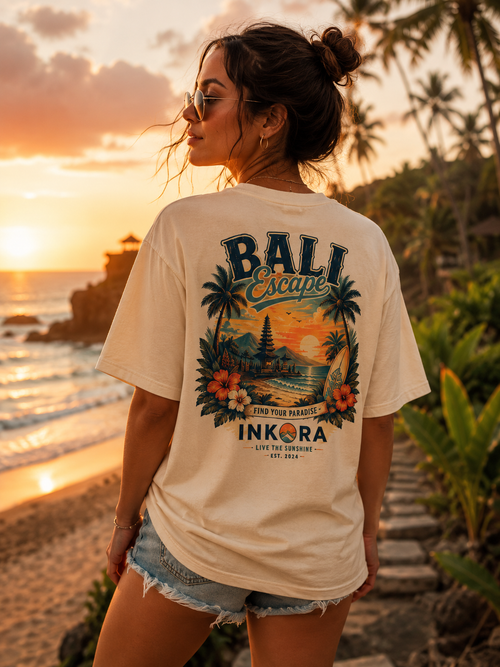 Femme portant le t-shirt Bali Escape INKORA sur une plage tropicale au coucher du soleil, avec en arrière-plan un temple balinais et des palmiers.