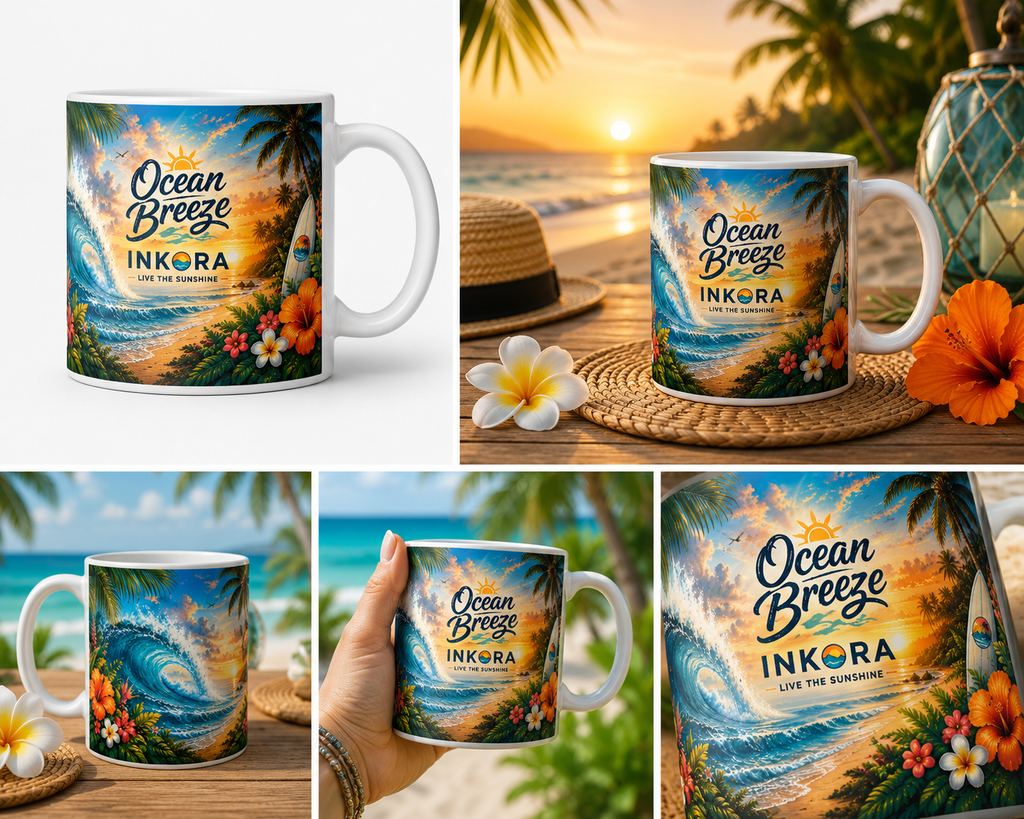 Collection de photos du mug Endless Summer INKORA 11 oz présentant un design tropical avec plage, coucher de soleil, palmiers, surf et fleurs exotiques.
