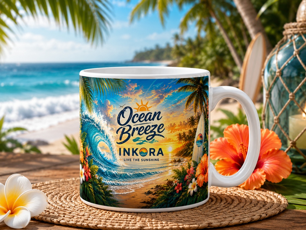 Gros plan du design Ocean Breeze INKORA avec vague turquoise, plage tropicale, palmiers et coucher de lumière sur l'océan.