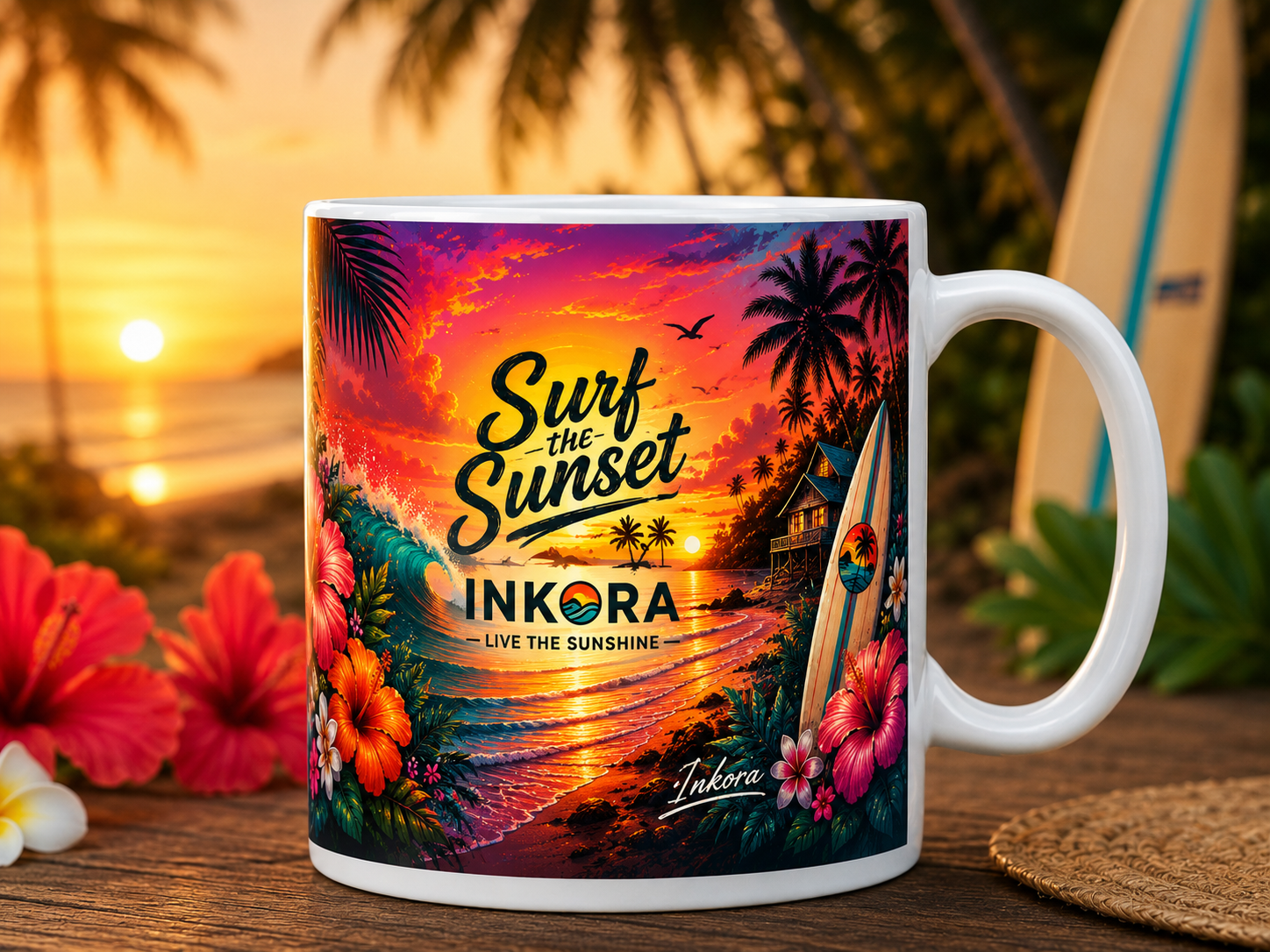 Mug blanc brillant Surf the Sunset 11 oz INKORA avec design tropical représentant un coucher de soleil, une vague, des palmiers et une planche de surf.