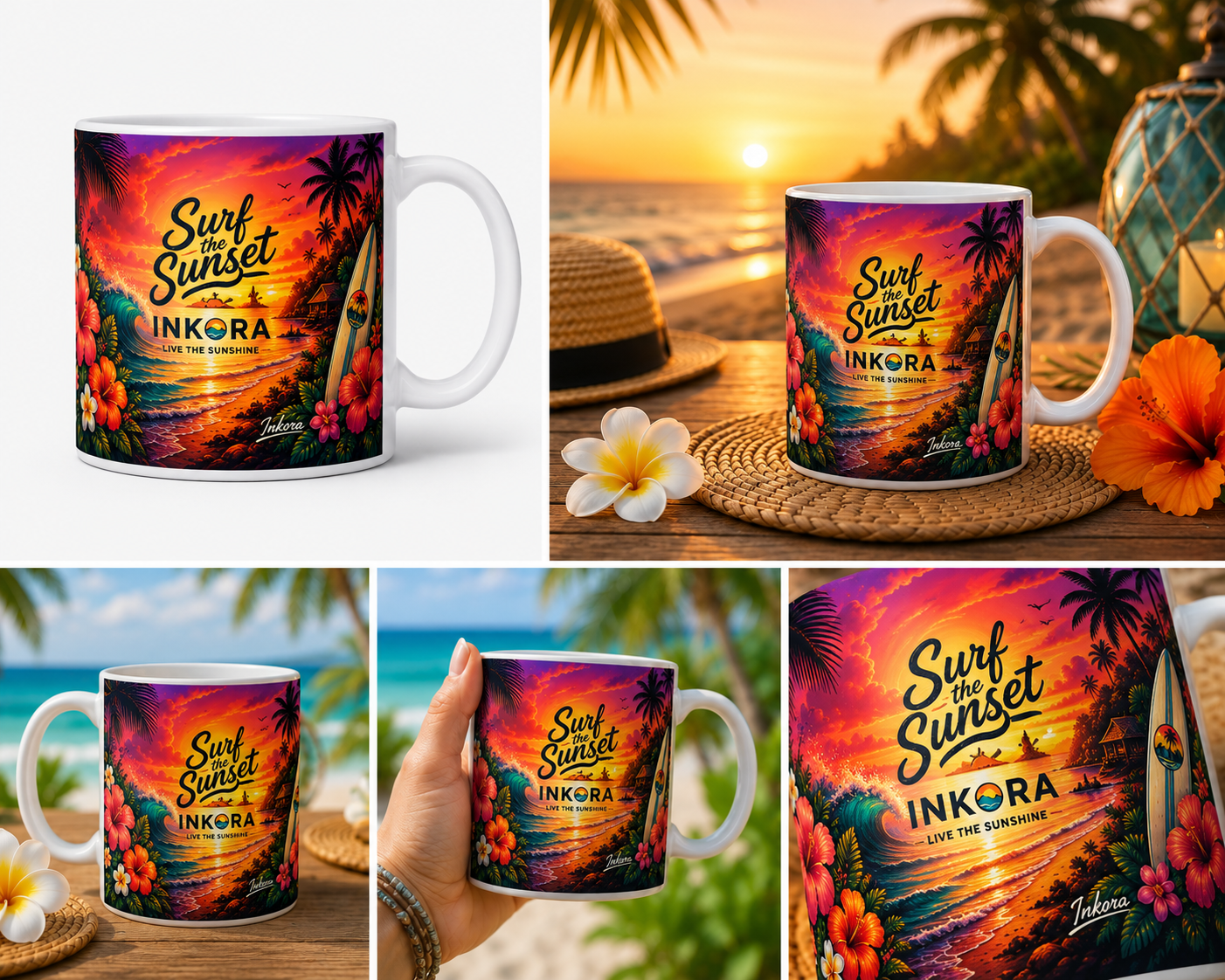 Collection de photos du mug Surf the Sunset INKORA montrant plusieurs vues du design tropical, du mug en situation, du gros plan et du mug tenu en main.