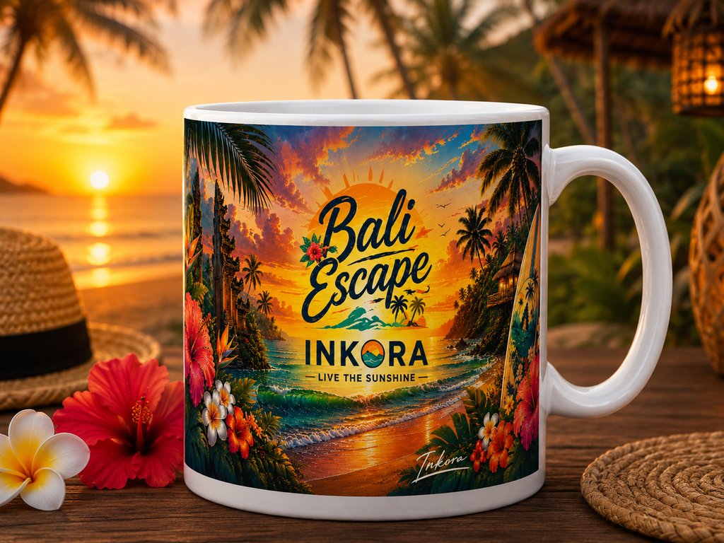 Mug Bali Escape INKORA avec illustration tropicale inspirée des plages de Bali et coucher de soleil exotique.