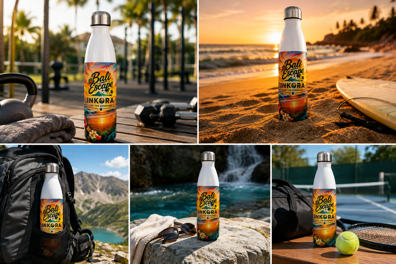Gourde isotherme INKORA Bali Escape utilisée au sport, à la plage, en randonnée et au quotidien.