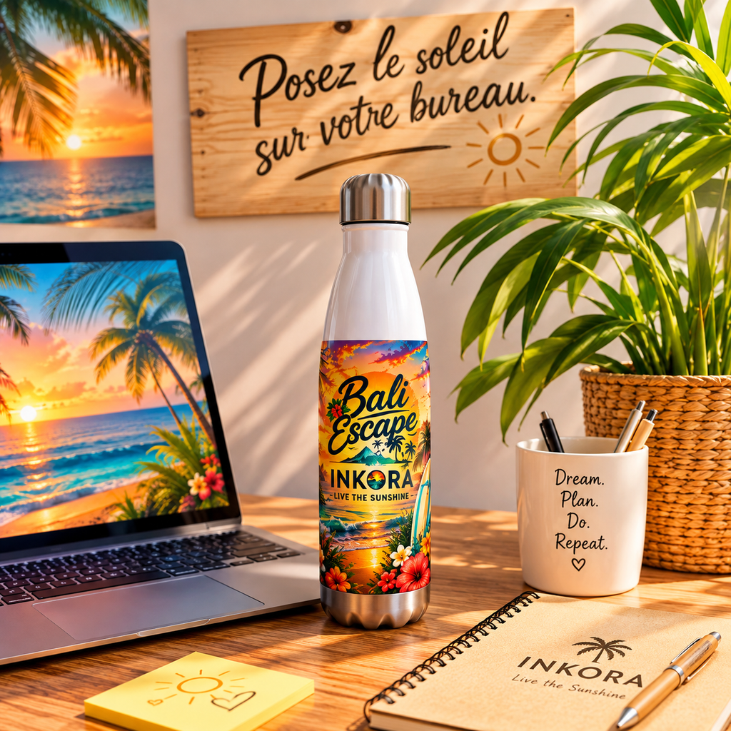 Gourde isotherme INKORA Bali Escape en acier inoxydable avec design tropical exclusif.