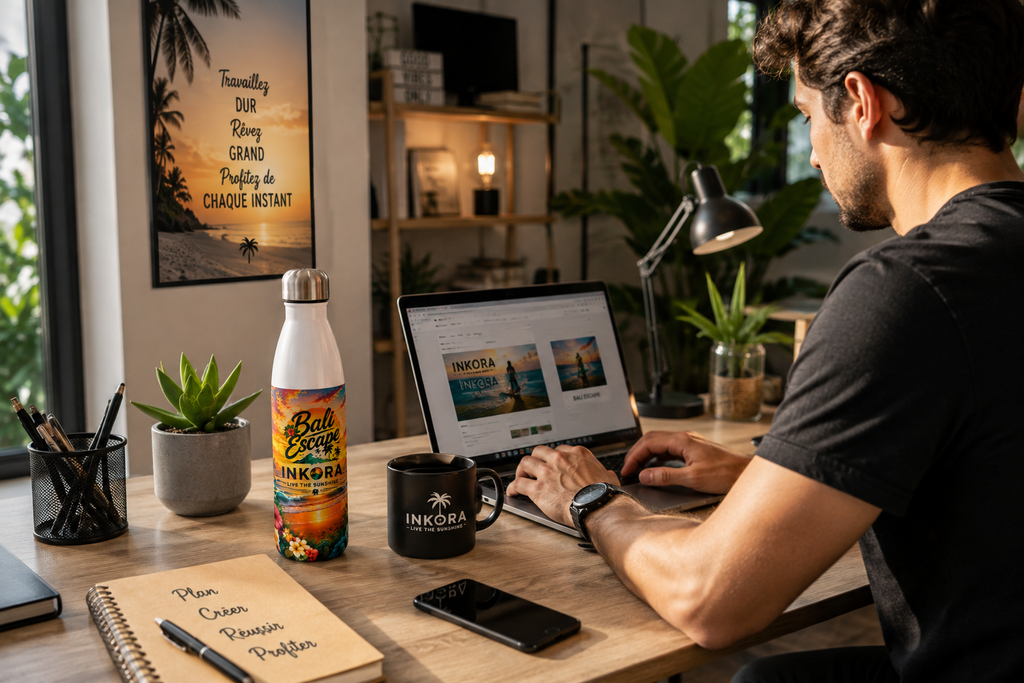 Gourde INKORA Bali Escape sur un bureau moderne avec ordinateur portable, idéale pour le travail et le quotidien.