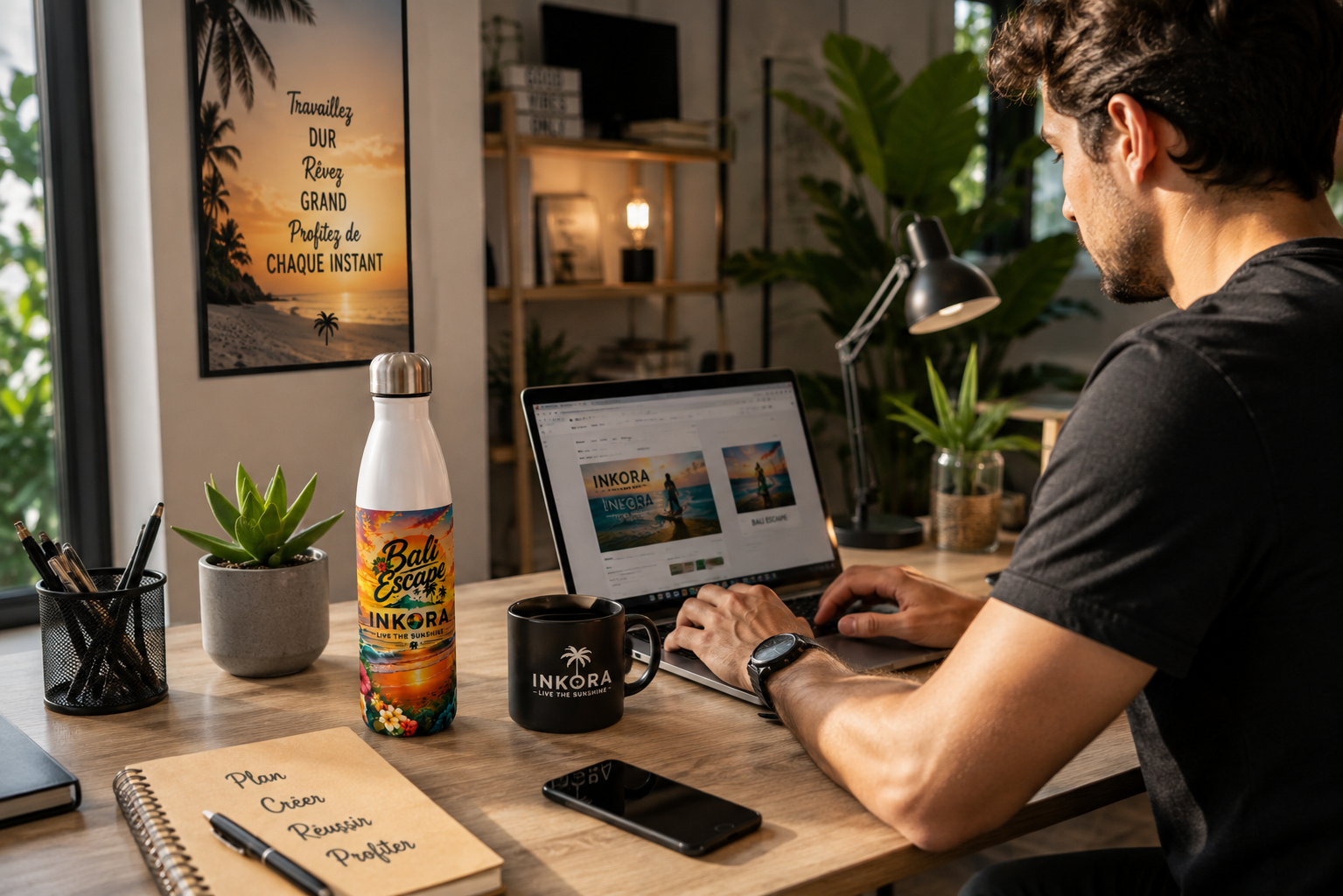 Gourde INKORA Bali Escape sur un bureau moderne avec ordinateur portable, idéale pour le travail et le quotidien.