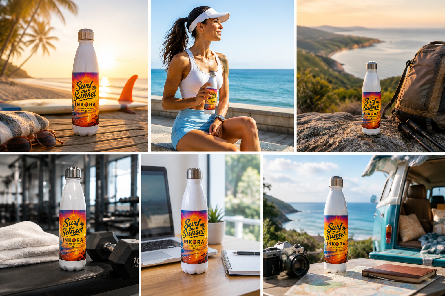 Collage lifestyle de la gourde isotherme Surf the Sunset INKORA utilisée à la plage, en randonnée, au bureau, à la salle de sport, en voyage et lors d'activités de plein air.