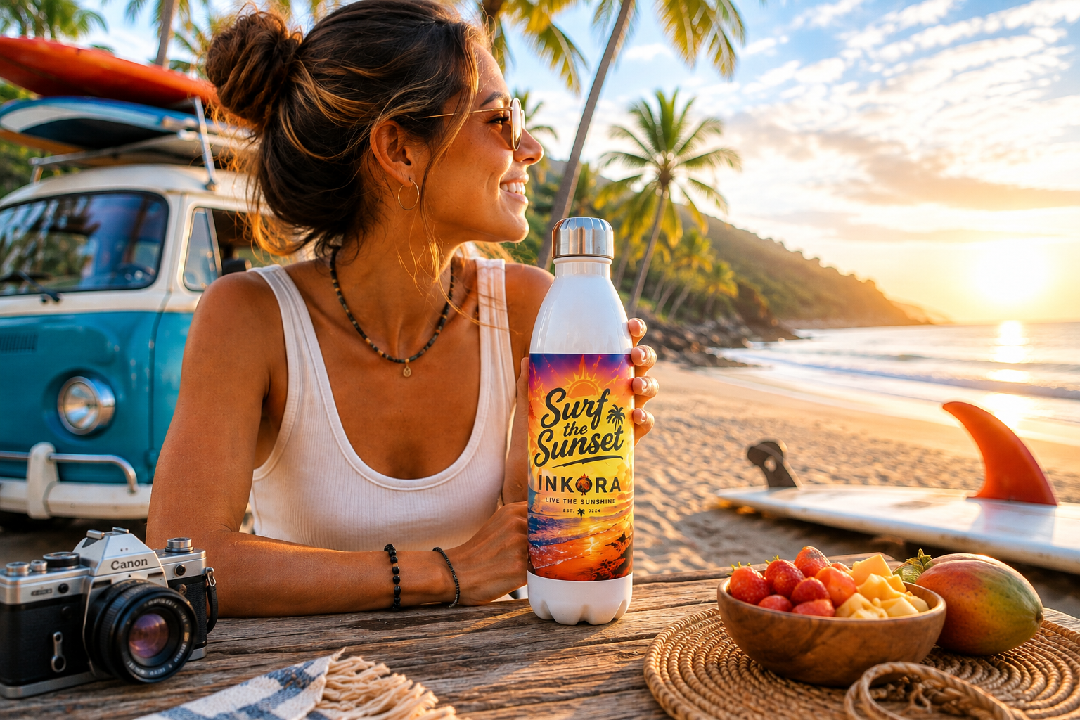 Femme profitant d'un coucher de soleil tropical sur la plage avec la gourde isotherme Surf the Sunset INKORA en acier inoxydable.