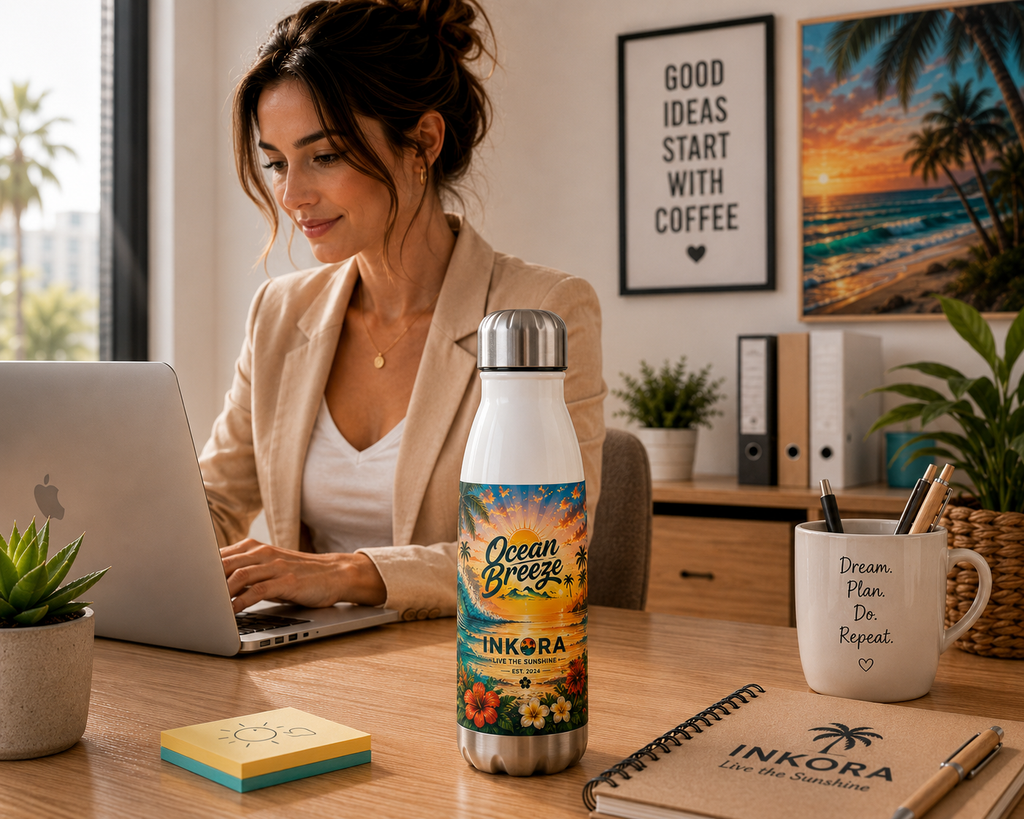 Femme travaillant au bureau avec la gourde isotherme Ocean Breeze INKORA en acier inoxydable au design tropical.
