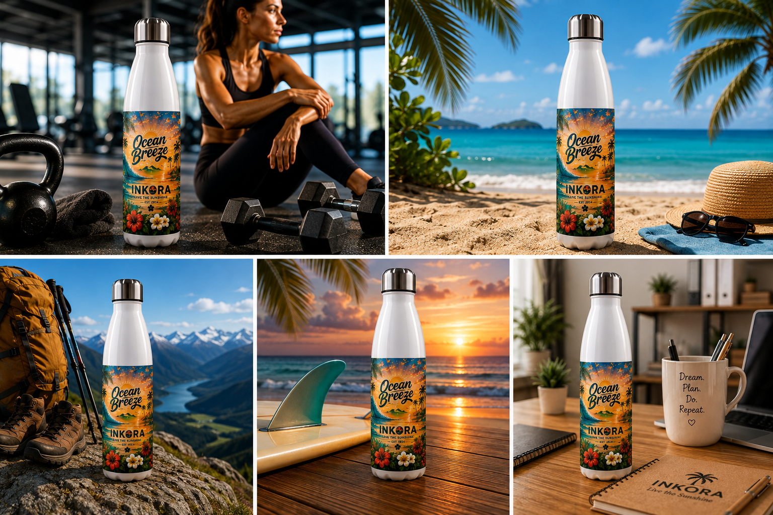 Bouteille isotherme INKORA Ocean Breeze en acier inoxydable dans cinq scènes lifestyle : plage, bureau, surf, randonnée et salle de sport.
