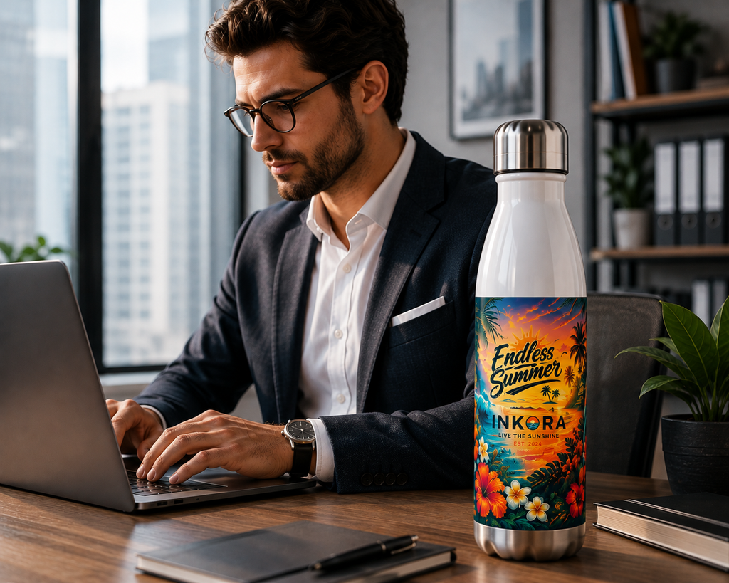 Gourde isotherme INKORA Endless Summer sur un bureau moderne avec un professionnel en télétravail.