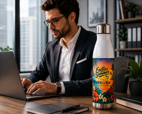 Gourde isotherme INKORA Endless Summer sur un bureau moderne avec un professionnel en télétravail.