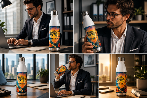 Homme travaillant au bureau avec une gourde isotherme INKORA Endless Summer en acier inoxydable, idéale pour conserver les boissons chaudes ou froides toute la journée.