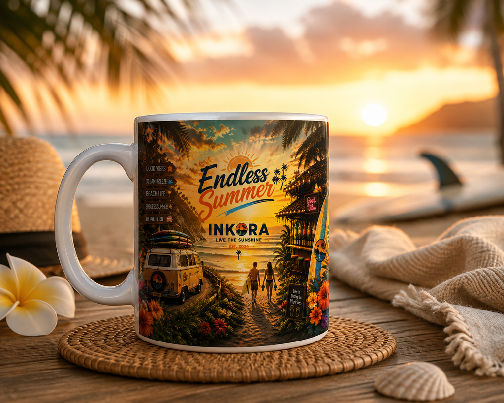Vue du mug Endless Summer INKORA 11 oz avec illustration panoramique tropicale, plage, palmiers et ambiance surf.