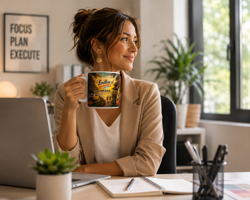 Femme profitant d'un café avec le mug Endless Summer INKORA sur une terrasse au coucher du soleil dans une ambiance tropicale.