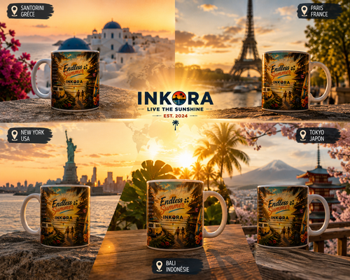 Mug blanc brillant Endless Summer INKORA avec illustration tropicale, coucher de soleil, vague, palmiers et planche de surf.