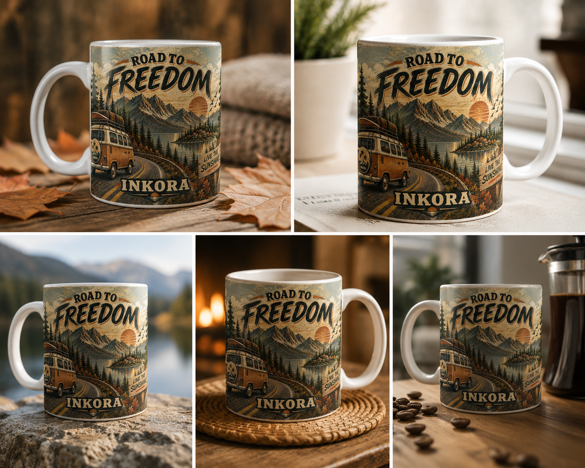 Mug Freedom INKORA Road to Freedom présenté sous plusieurs angles dans différentes ambiances