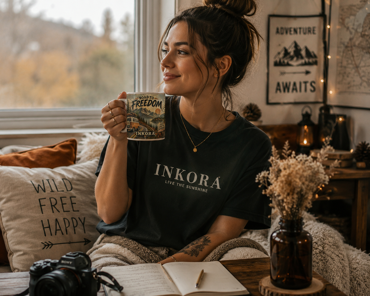 Mug Freedom INKORA avec design Road to Freedom, tasse originale dans une ambiance voyage et aventure
