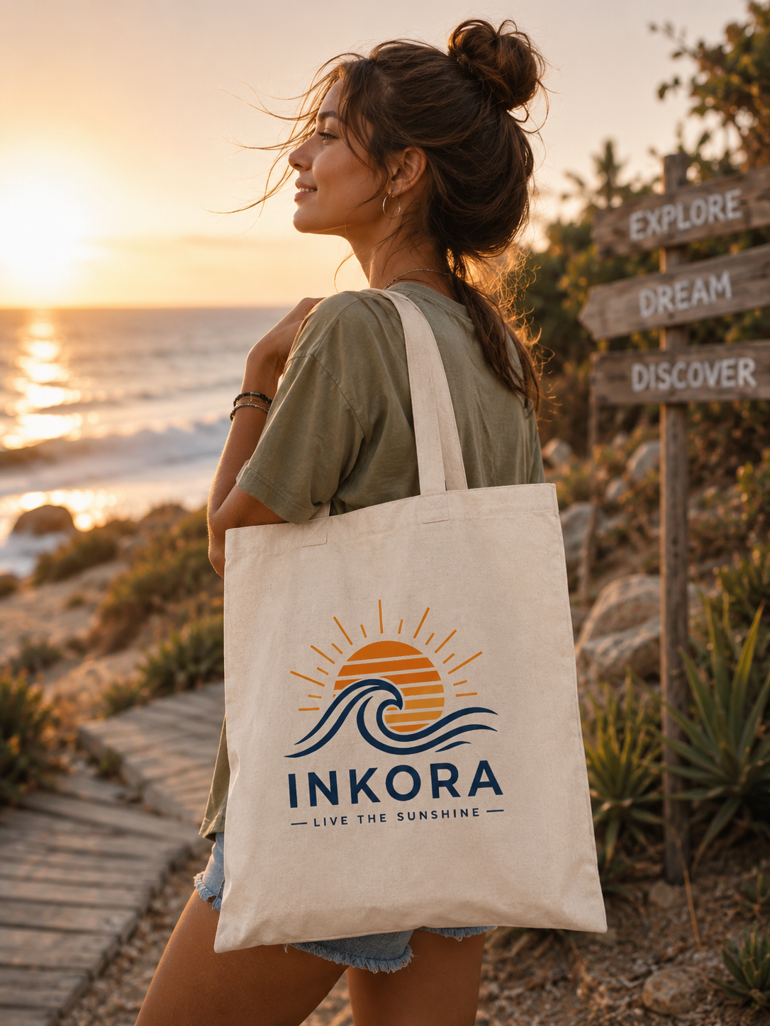 Tote Bag INKORA en coton bio naturel avec logo, présenté dans une ambiance lifestyle