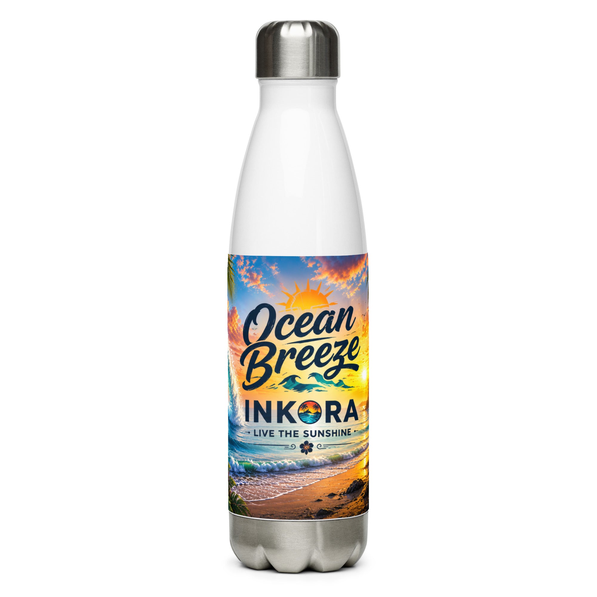 Gourde isotherme Ocean Breeze INKORA en acier inoxydable avec design tropical inspiré des plages paradisiaques.