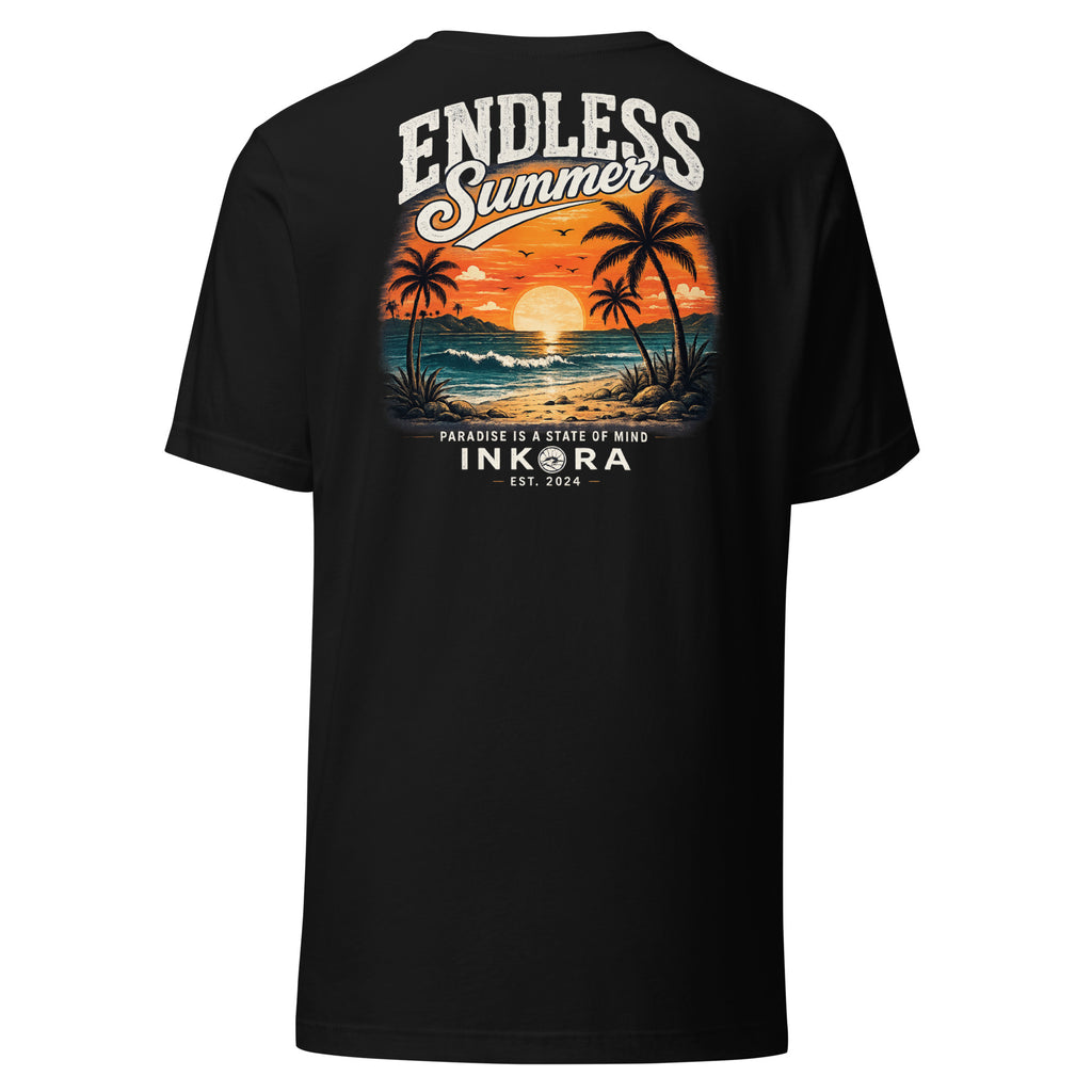 Dos du t-shirt Endless Summer avec illustration estivale vintage.