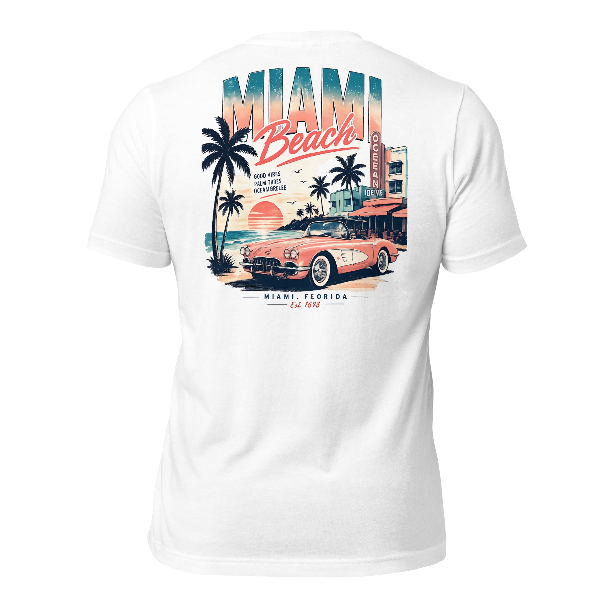 Dos du t-shirt Miami Beach avec illustration rétro inspirée des plages de Floride.