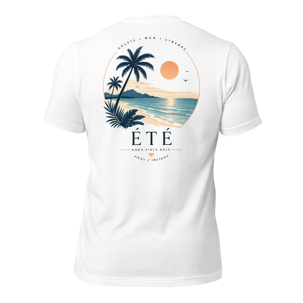 Dos du t-shirt INKORA Good Vibes Only avec illustration tropicale colorée