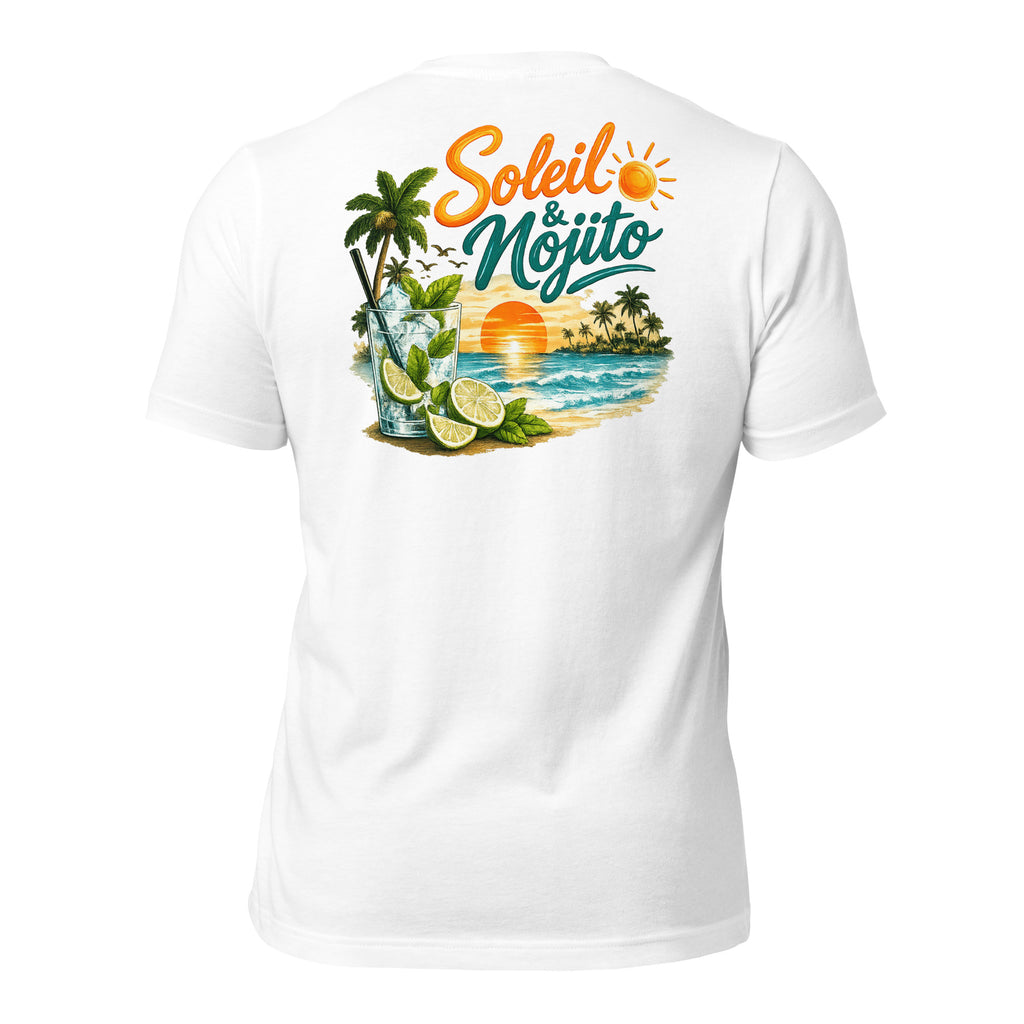 Dos du t-shirt Soleil & Mojito avec illustration tropicale colorée.