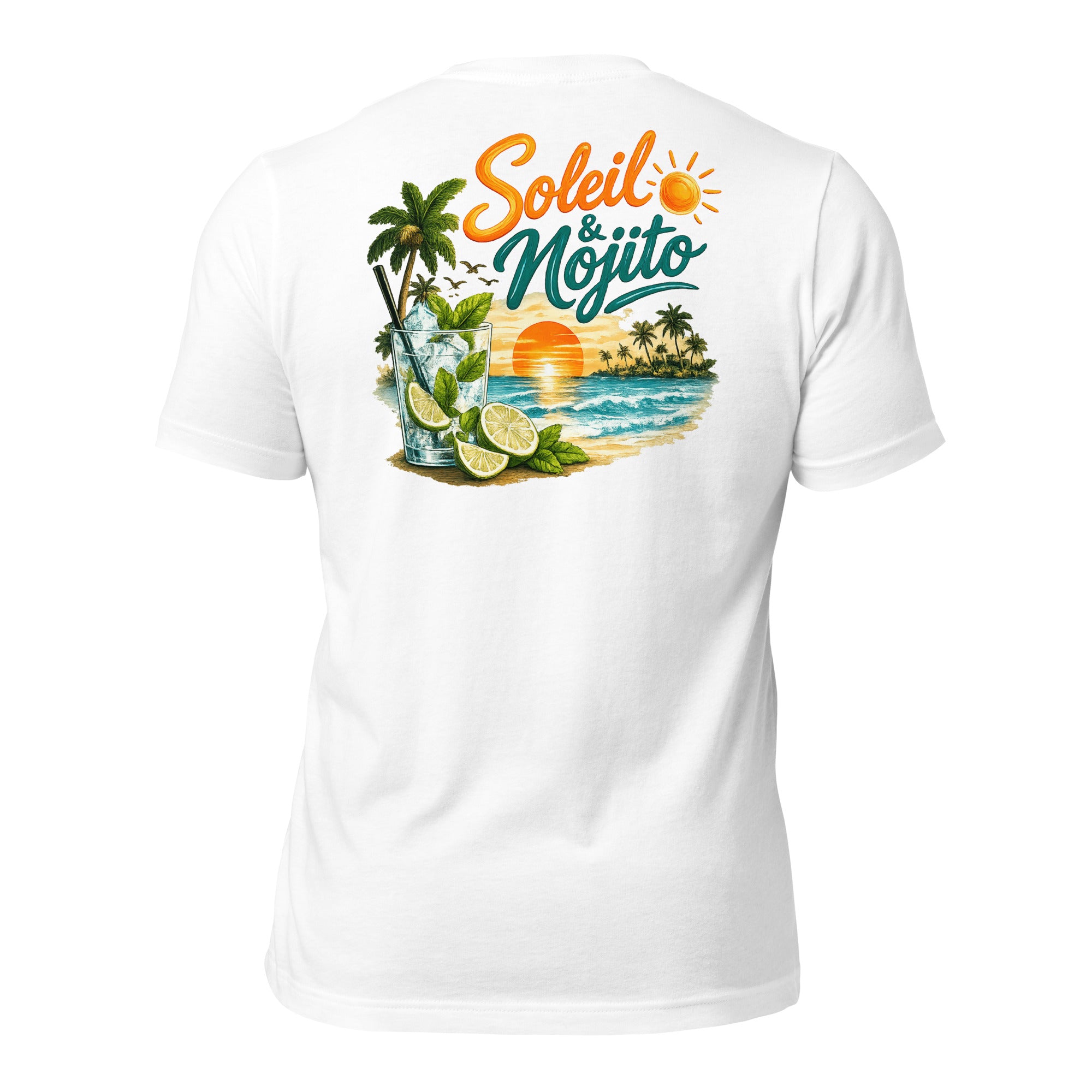 Dos du t-shirt Soleil & Mojito avec illustration tropicale colorée.